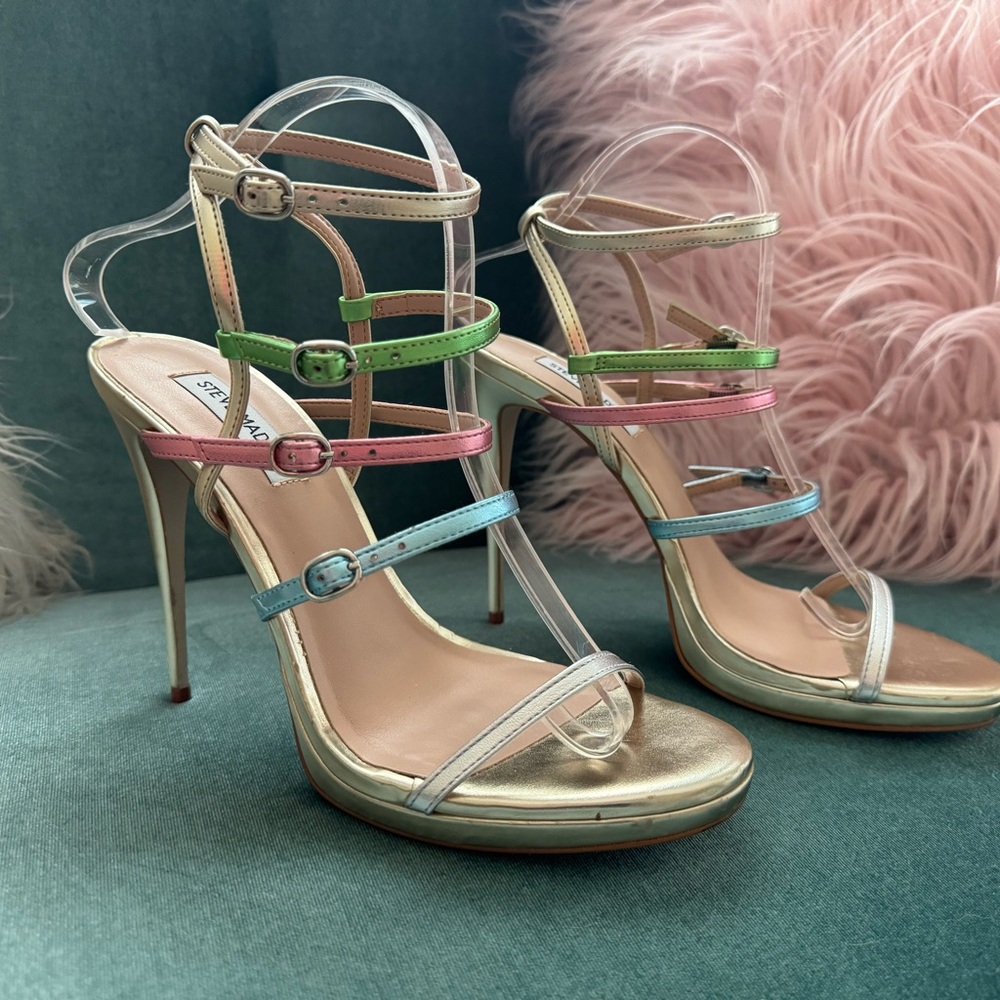 New! Steve Madden gold heel sandal with multi colored buckle straps.